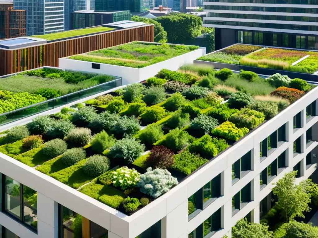 Vista aérea impresionante de techos verdes urbanos, mostrando la integración de la naturaleza y la eficiencia energética en la ciudad