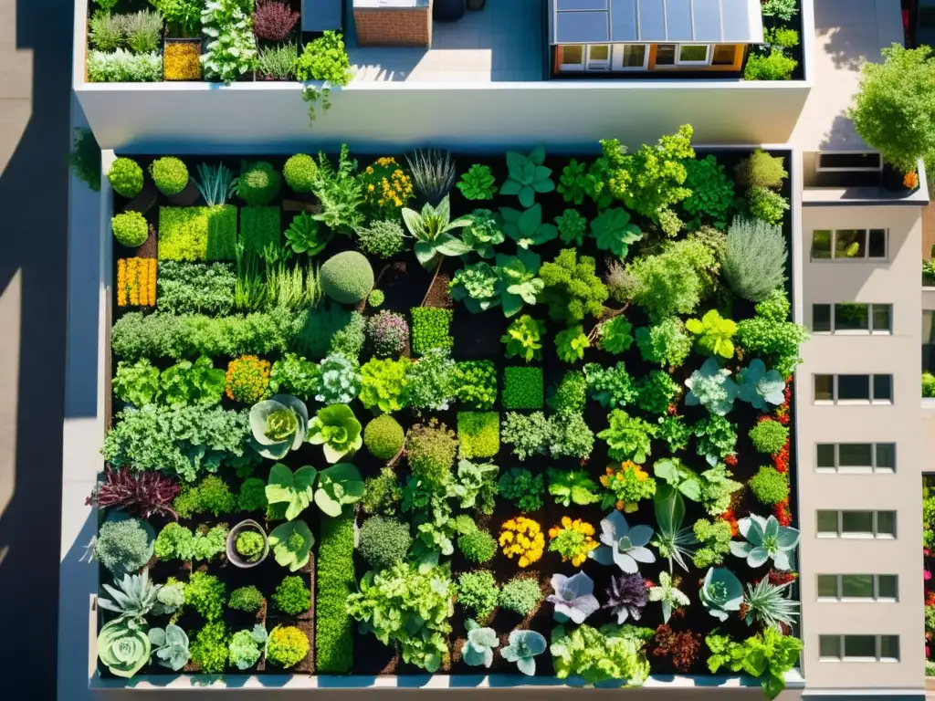 Vista aérea impresionante de un jardín urbano próspero, destacando la innovación agricultura urbana sostenible en medio de la ciudad