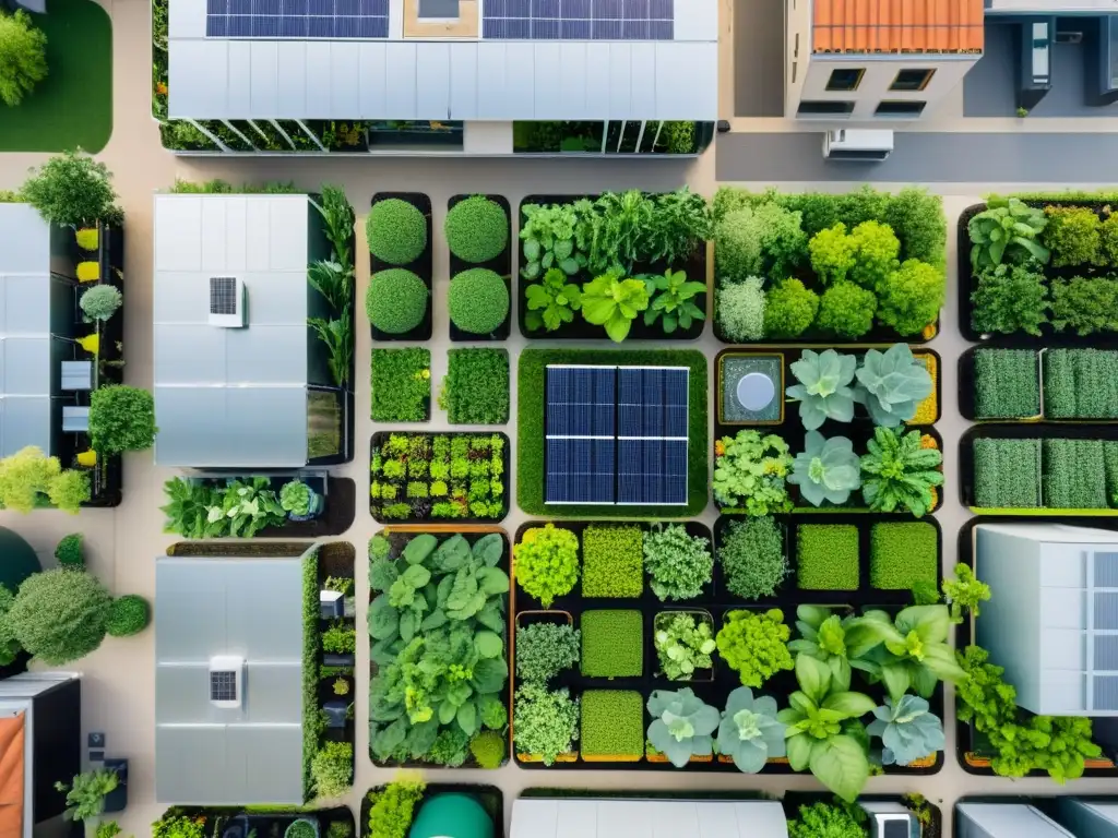 Vista aérea de jardines en tejados urbanos con tecnología de monitoreo de cultivos urbanos