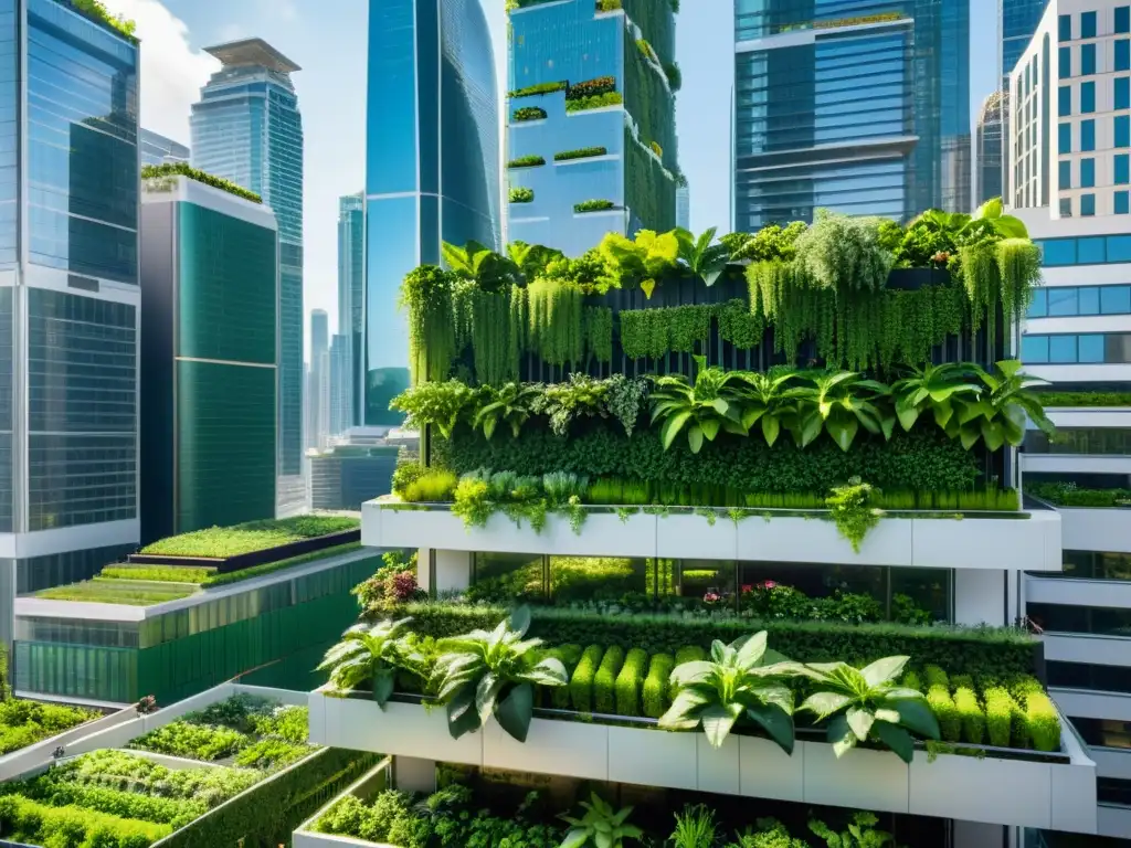 Vista aérea de paisaje urbano con rascacielos adornados con jardines verticales, mostrando alianzas verdes agricultura vertical urbana