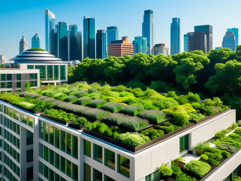 Vista aérea de techos verdes urbanos eficiencia energética en modernos rascacielos, integrando naturaleza y arquitectura urbana