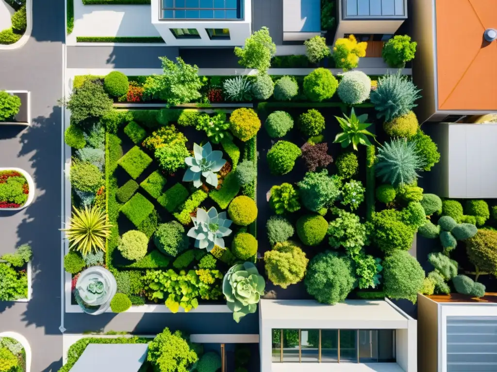 Vista aérea de techos verdes urbanos eficiencia energética en la vibrante ciudad, con moderna arquitectura y exuberantes jardines