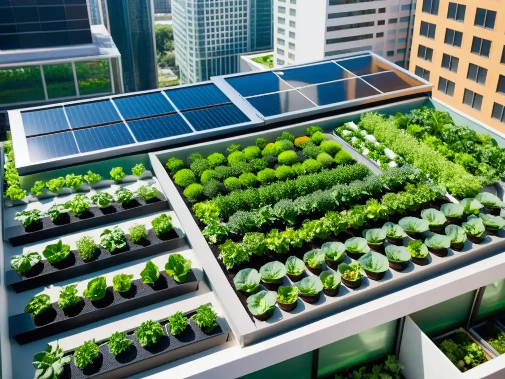 Vista aérea de un jardín urbano acuapónico con vegetación exuberante y sistemas de riego sofisticados, integrado en la estructura urbana