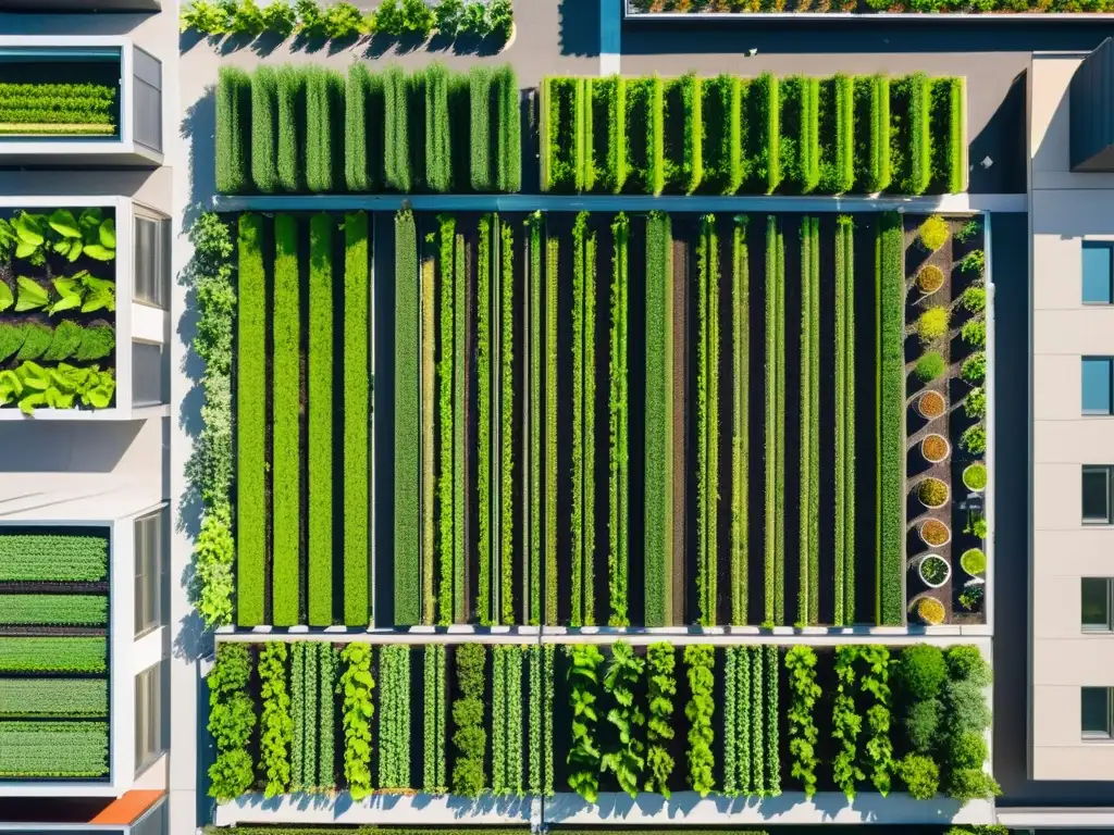 Vista aérea de un jardín urbano con cultivos verdes en patrones geométricos, integrando la inteligencia artificial en riego urbano