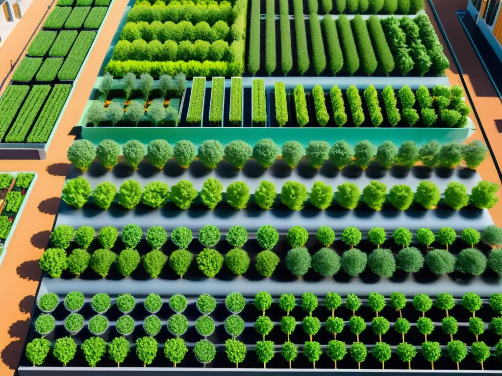 Vista aérea de jardín urbano futurista con automatización del riego en agricultura urbana