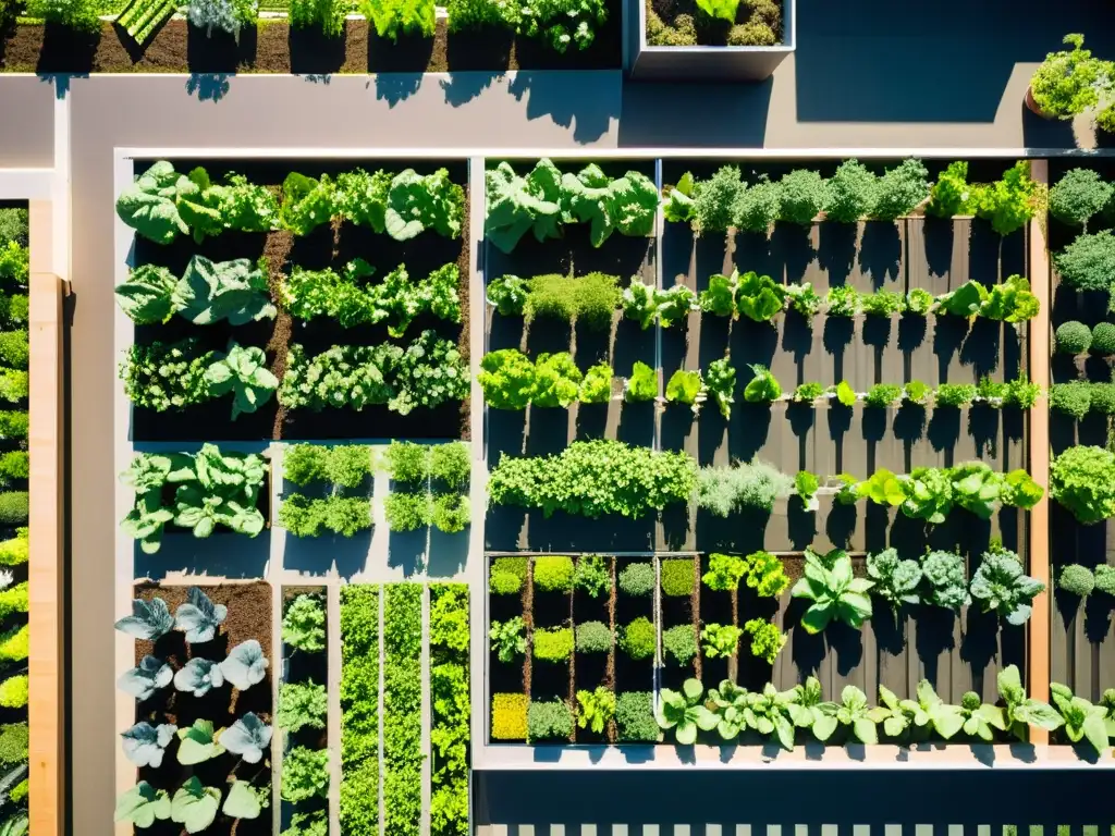 Vista aérea de jardín urbano moderno con sensores para agricultura urbana, mezcla de naturaleza y tecnología en la ciudad