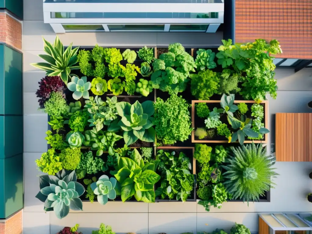 Vista aérea de jardín urbano con vegetales vibrantes, personas intercambiando consejos para agricultura urbana en armonía con la ciudad