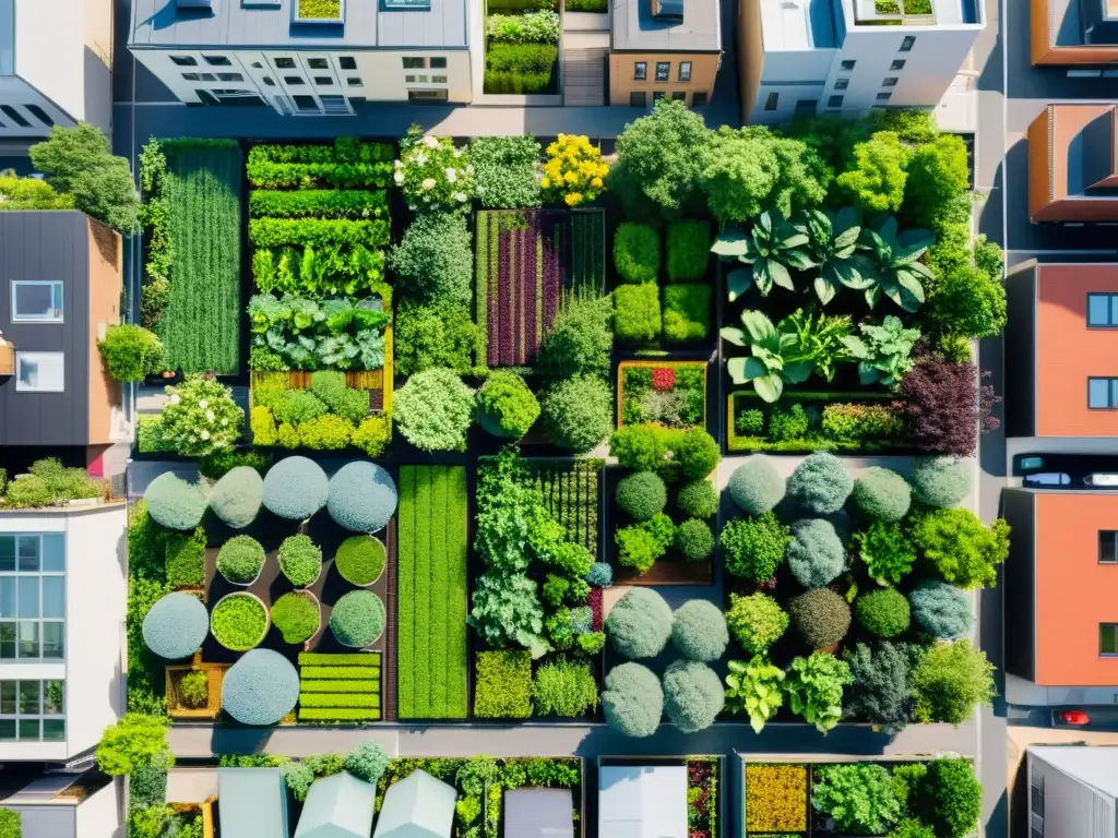 Vista aérea de jardines urbanos integrados con la ciudad