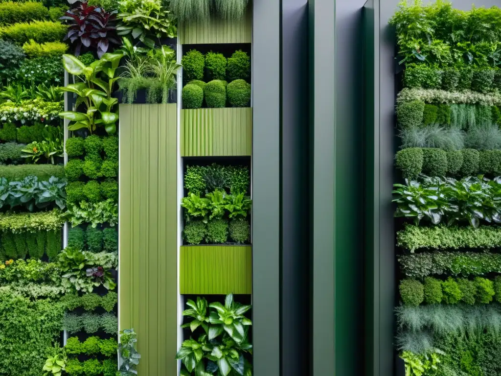 Vista aérea de jardín vertical con riego eficiente en huertos verticales, exhibiendo una exuberante variedad de plantas en un diseño moderno y limpio