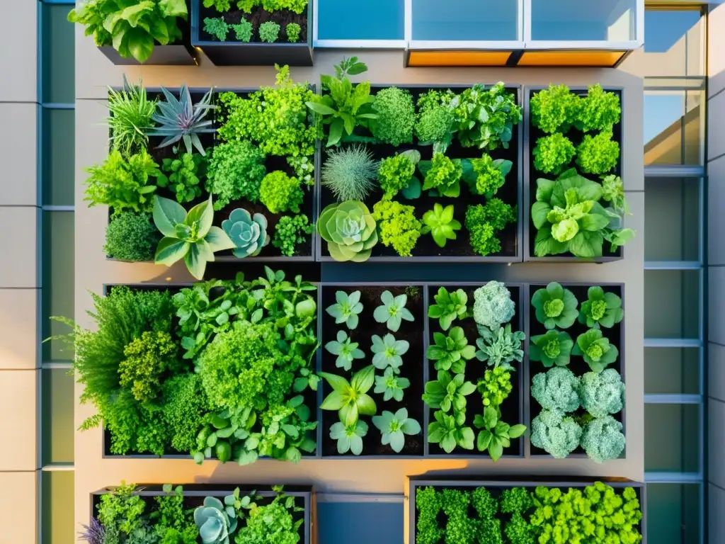 Vista aérea de un vibrante huerto urbano con integración IoT, destacando la armonía entre vegetación y arquitectura urbana moderna