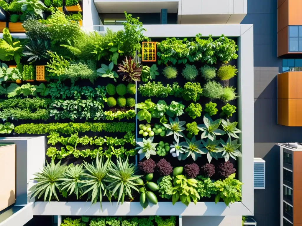 Vista aérea de un vibrante jardín urbano en la azotea, con huertos verticales y modernos rascacielos