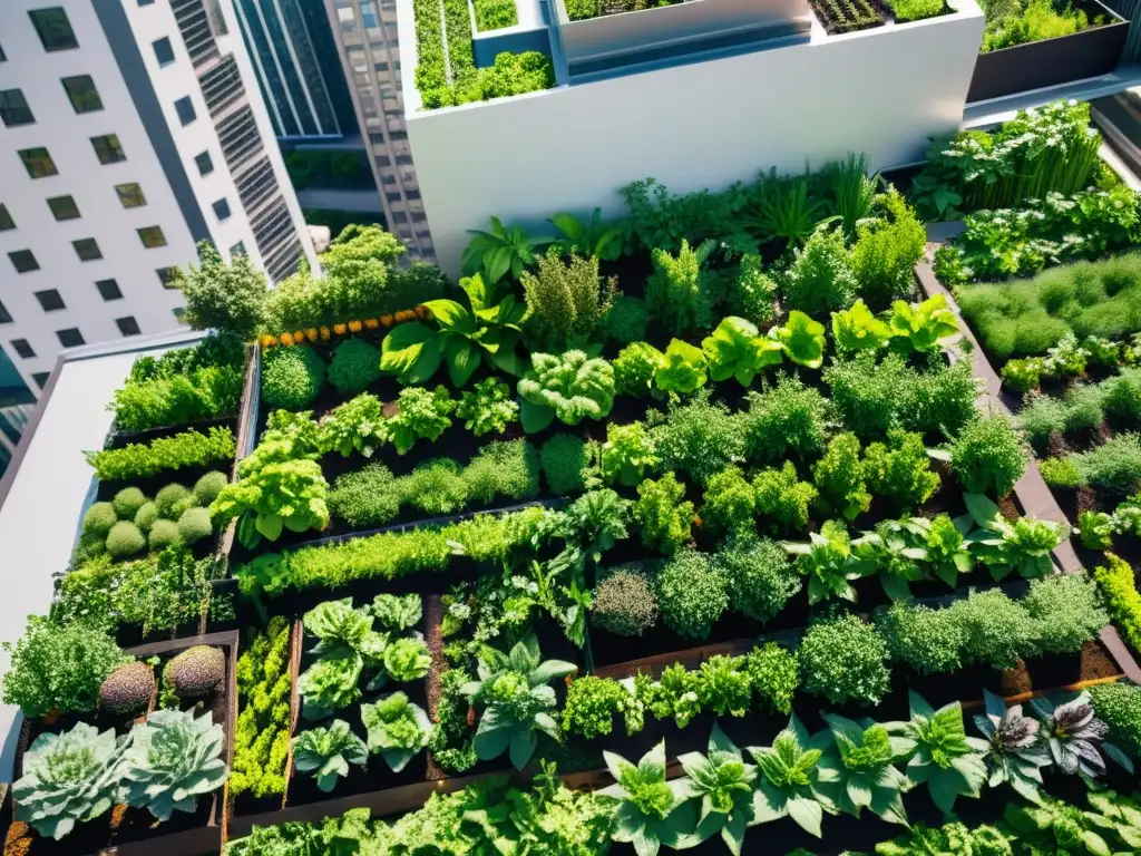 Vista aérea de un vibrante jardín urbano en la azotea, con cultivos verdes y frutas, creando un contraste entre naturaleza y arquitectura urbana