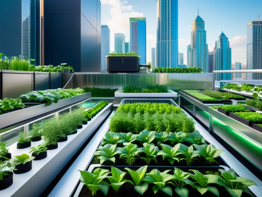 Vista asombrosa de un jardín urbano futurista con acuaponía en agricultura urbana, rodeado de rascacielos modernos