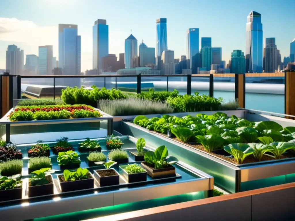 Vista 8k de jardín en azotea con acuaponía para agricultura urbana sostenible, integrando naturaleza y tecnología moderna