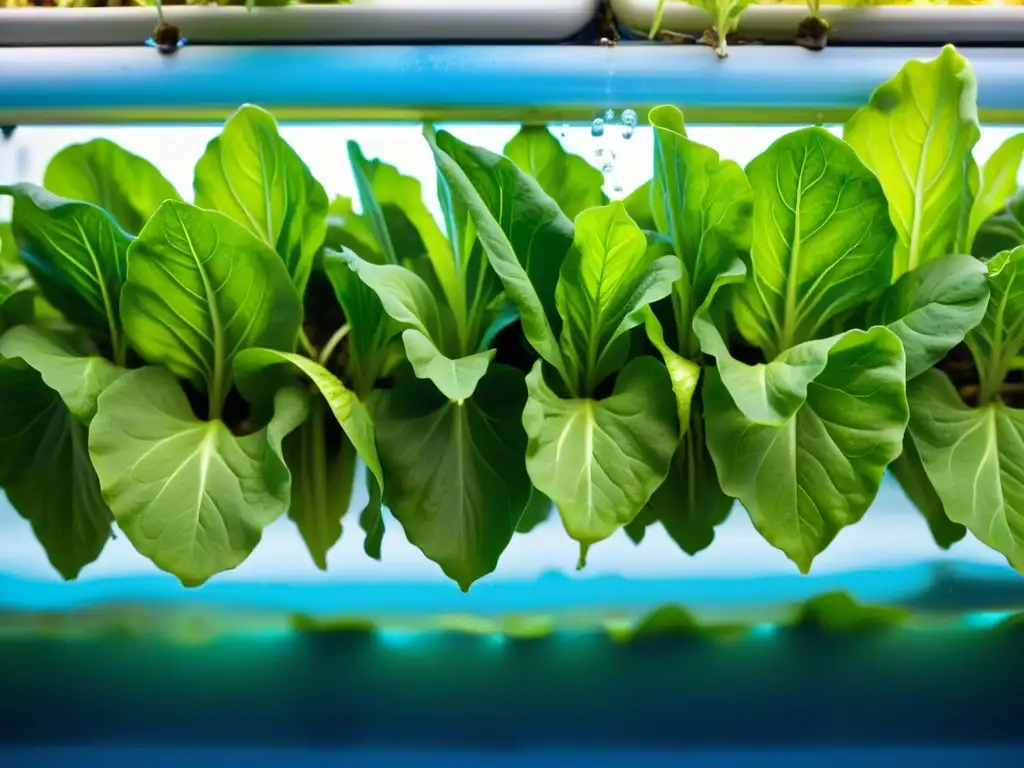 Vista cercana de hojas verdes de lechuga flotando en sistema acuapónico, ilustrando la importancia del ciclo del nitrógeno en la acuaponía