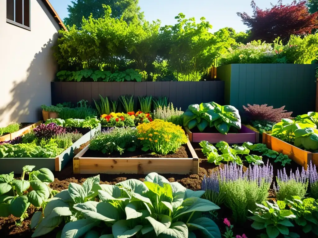 Vista cercana de huerto urbano orgánico con vegetales y hierbas coloridas, reflejando la importancia de las semillas orgánicas en la ciudad