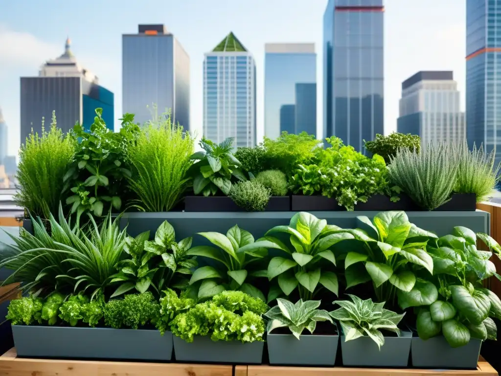 Vista cercana de huerto vertical urbano con cultivos de temporada en modernos maceteros, bajo la luz natural urbana