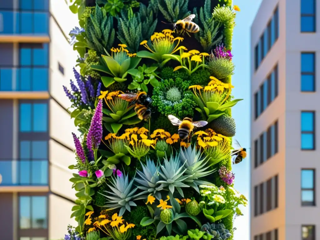 Vista cercana de un jardín vertical vibrante en la ciudad, con polinizadores en huertos verticales urbanos, flores coloridas y abejas revoloteando