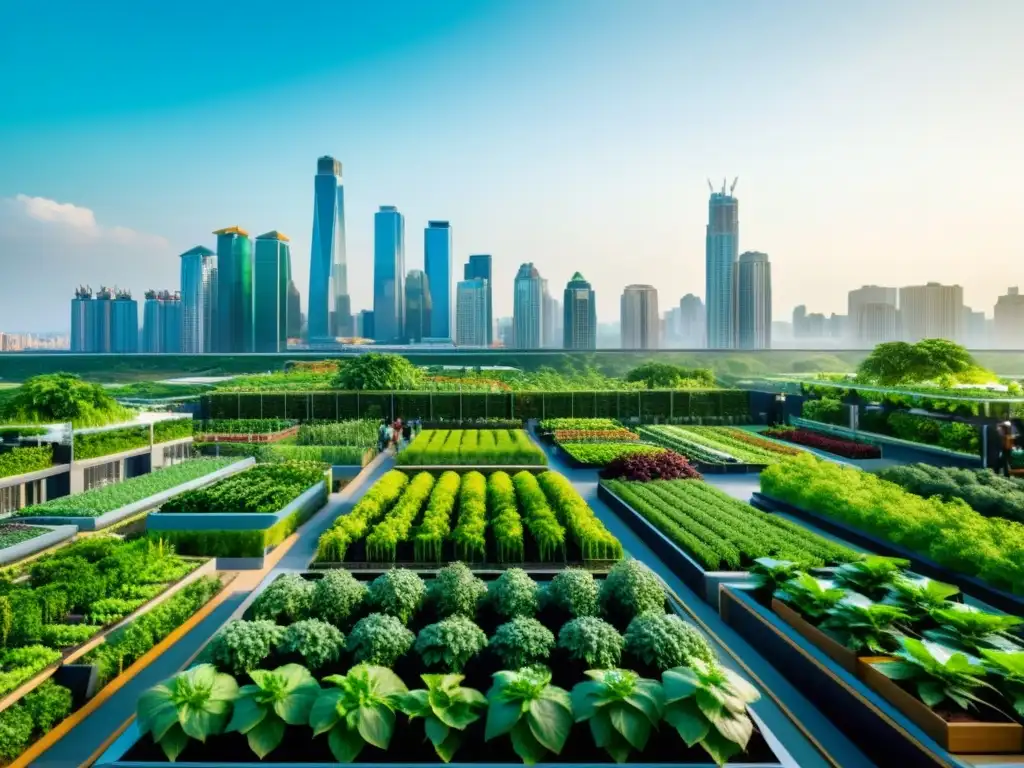 Vista de la ciudad con agricultura urbana y rascacielos, simbolizando el financiamiento para startups agricultura urbana