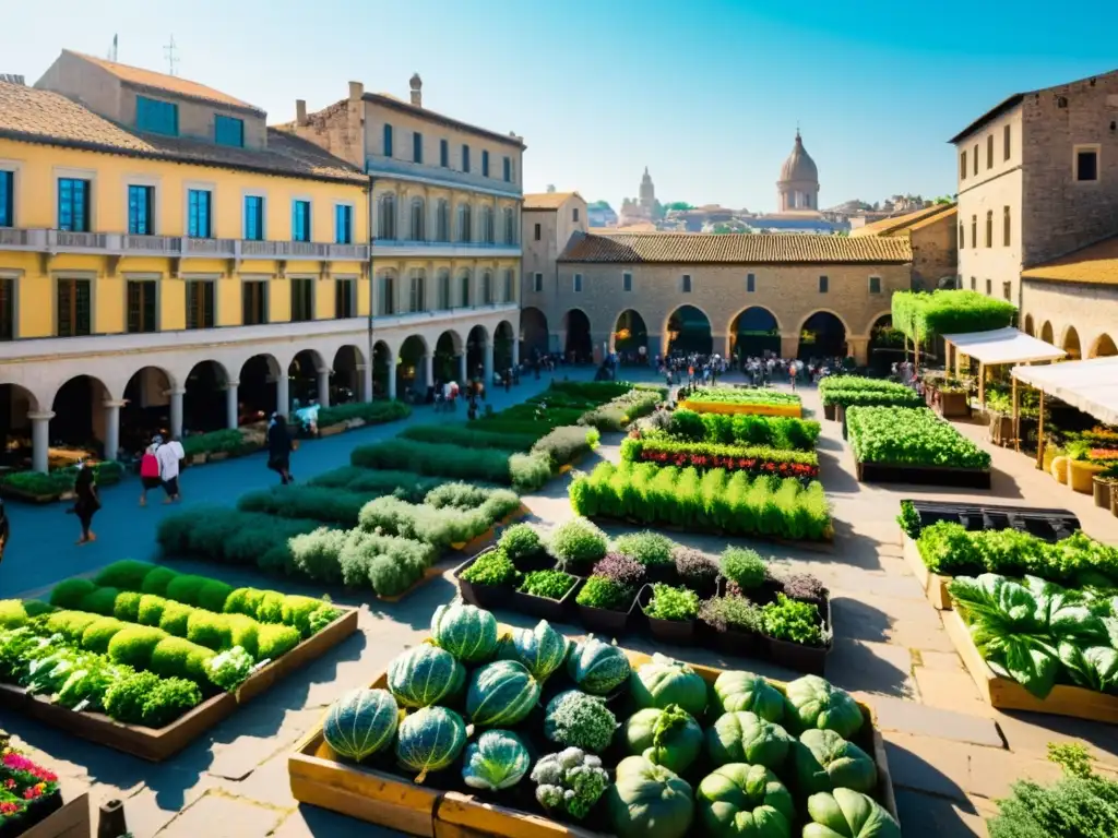 Vista de la ciudad antigua con jardines en terrazas, agricultura urbana en ciudades antiguas