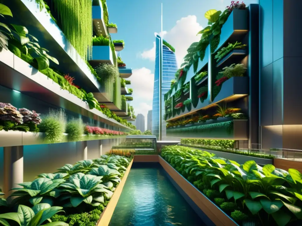 Vista de una ciudad futurista con rascacielos integrados con huertos verticales en acuaponía urbana, mostrando innovación y armonía urbana