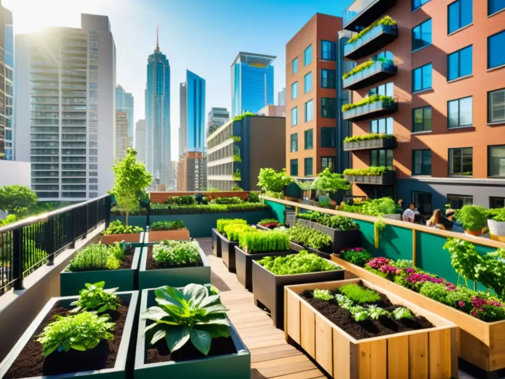 Vista de la ciudad con jardines en balcones y compostaje urbano