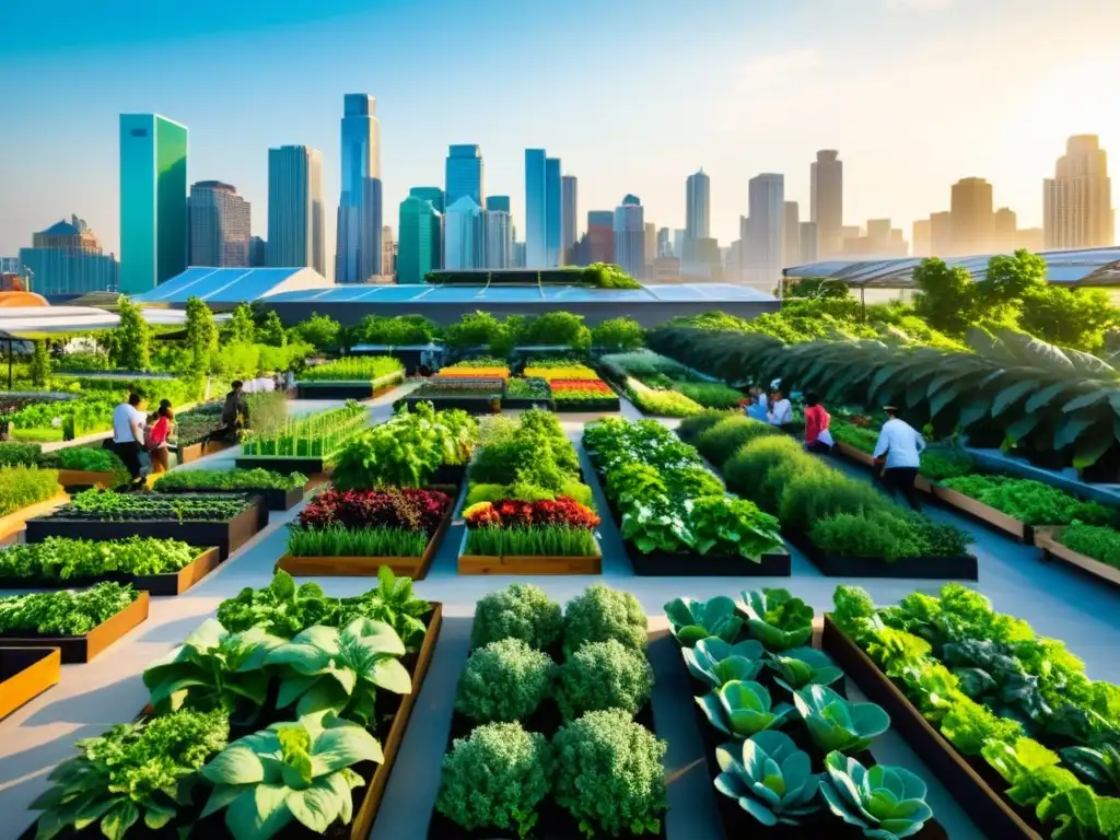 Vista de la ciudad moderna con cultivos urbanos, vegetación exuberante y personas trabajando en huertos