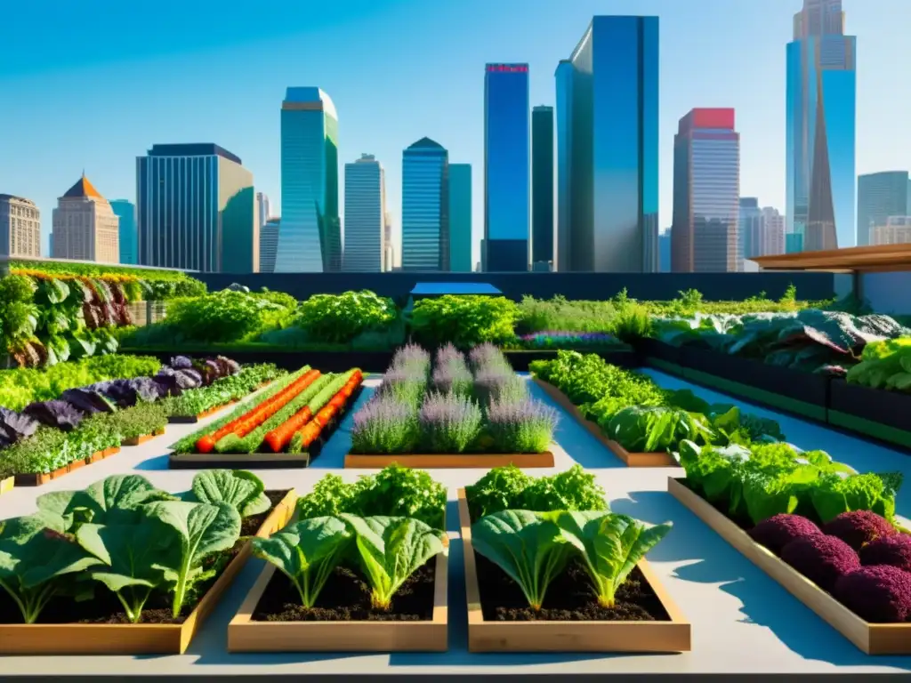 Vista de la ciudad moderna con huertos urbanos en los techos, destacando la importancia de las políticas de agricultura urbana