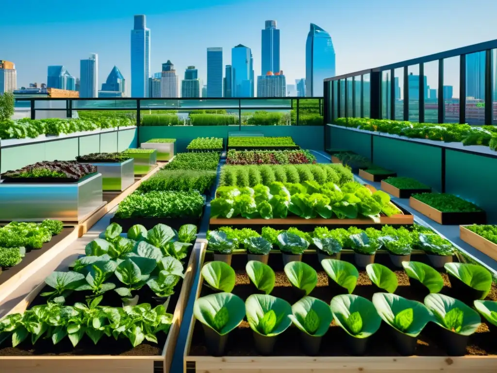 Vista de la ciudad moderna con jardines en azoteas y huertos urbanos, resaltando la segmentación de mercado agricultura urbana