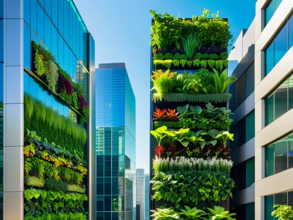 Vista de la ciudad moderna con muros verdes comestibles urbanos, integrando vegetación y sostenibilidad