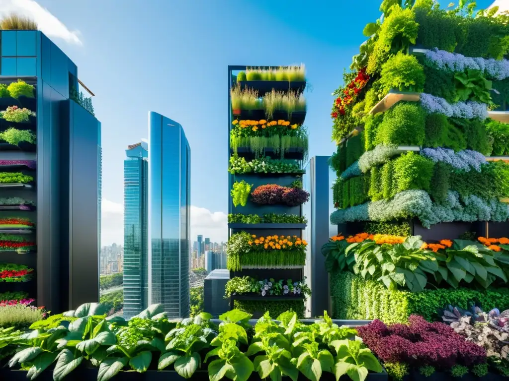 Vista de la ciudad moderna con rascacielos y jardines verticales, ejemplificando soluciones innovadoras seguridad alimentaria urbana