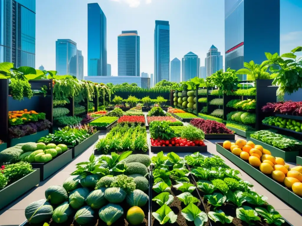 Vista de la ciudad con rascacielos y huertos urbanos, donde la naturaleza y la tecnología se fusionan