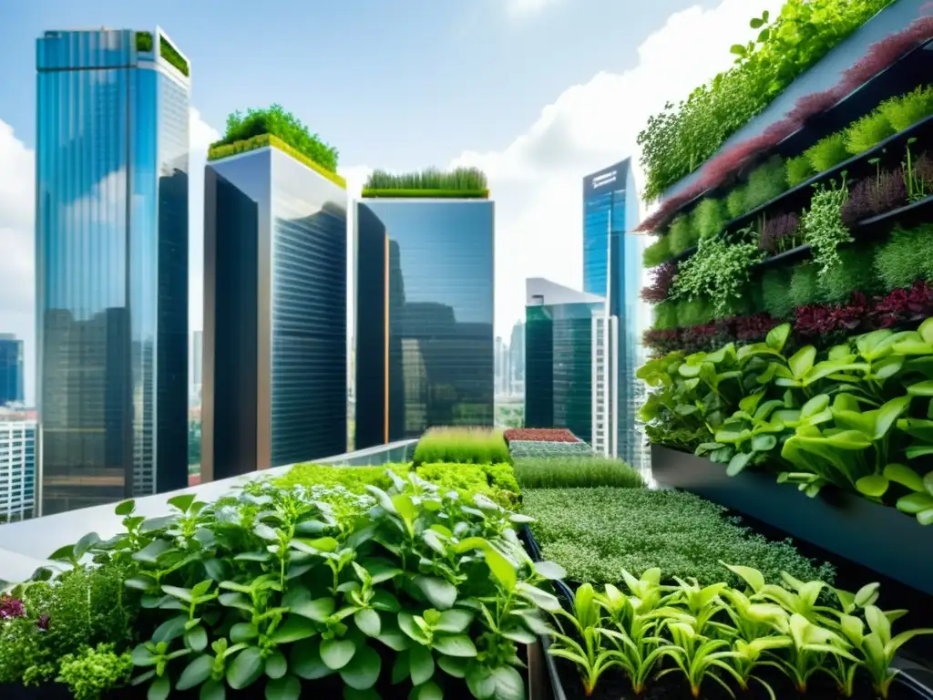 Vista de la ciudad con rascacielos modernos y jardines verticales exuberantes, simbolizando el cultivo vertical de microgreens en espacios urbanos