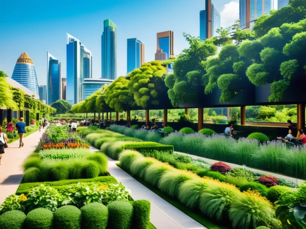 Skyline urbano sostenible: armonía entre naturaleza y modernidad Vista de la ciudad con rascacielos modernos rodeados de parques verdes, resaltando la permacultura en ciudades verdes