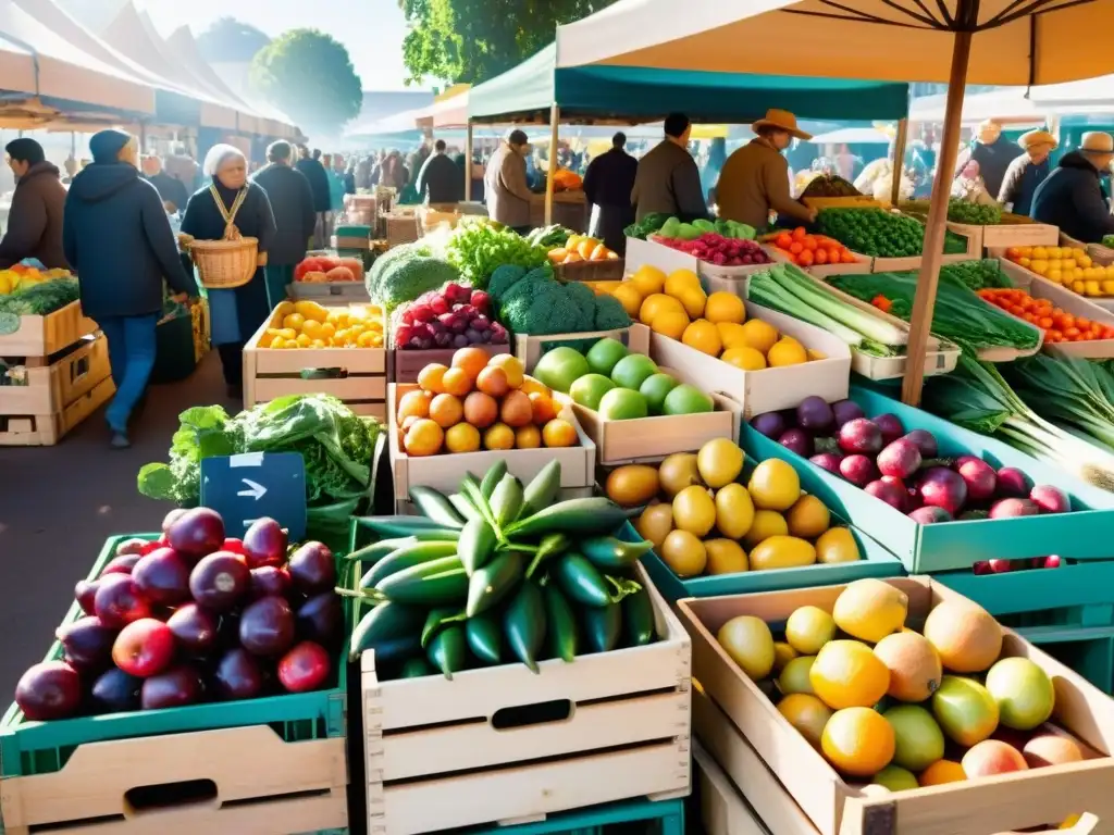 Vista detallada de un animado mercado de agricultores con frutas y verduras frescas, cultivando hábitos alimenticios saludables