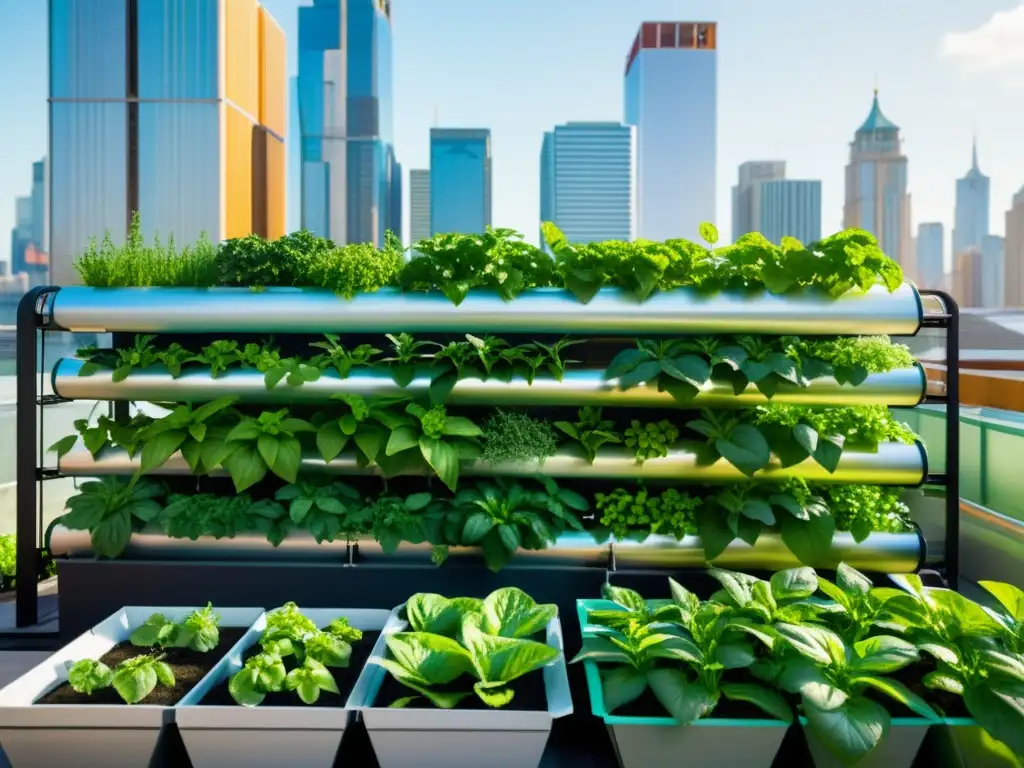 Vista detallada de jardín en azotea urbana con sistema de acuaponía, integrando agricultura urbana sostenible