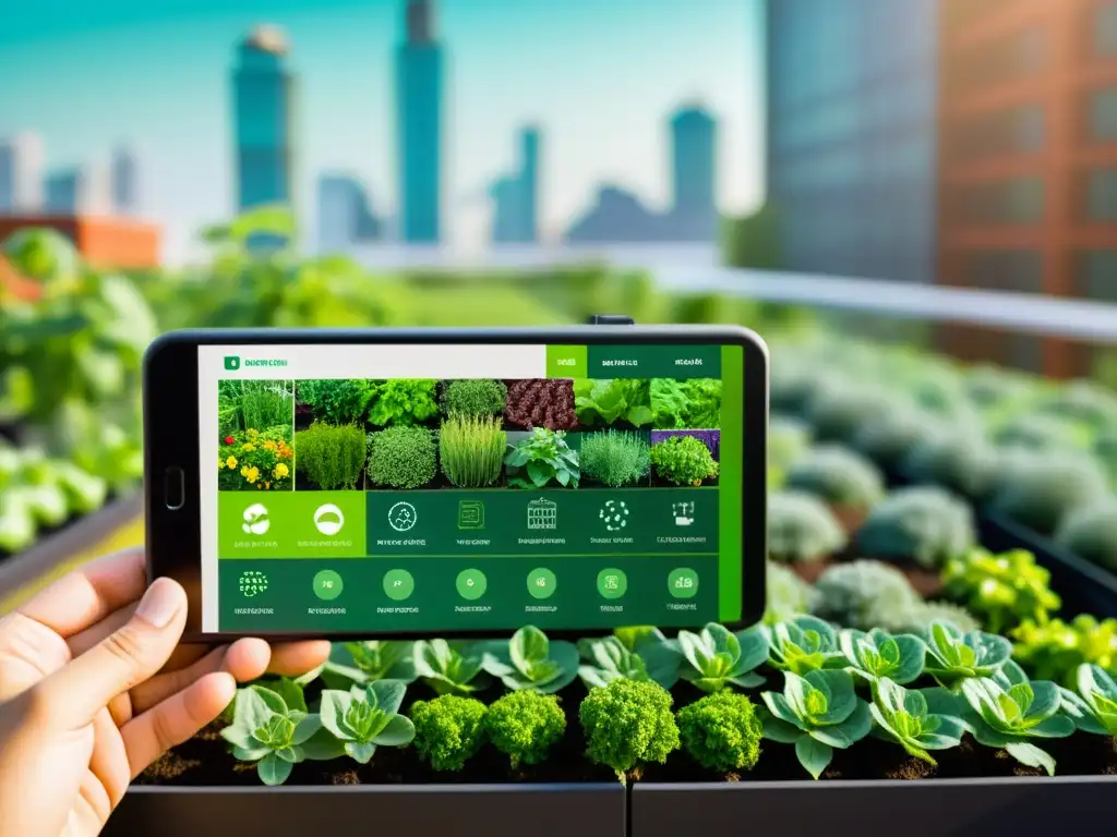 Vista detallada de un jardín de azotea urbano con plantas exuberantes y una aplicación móvil futurista para gestionar la acuaponía