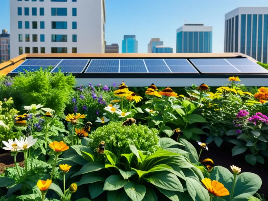 Vista detallada de un bullicioso huerto urbano sostenible con flores, vegetación exuberante y polinizadores vibrantes