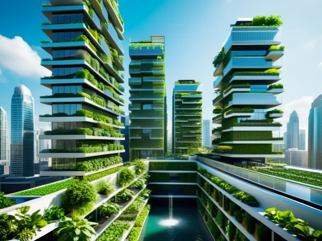 Vista detallada de una ciudad futurista con rascacielos integrados con jardines verticales y sistemas acuapónicos innovadores