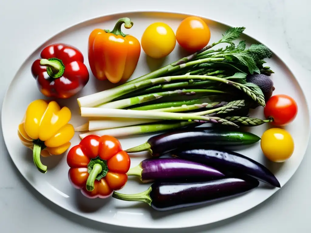 Una vista detallada y colorida de verduras de temporada para guarniciones, bellamente dispuestas en un plato blanco