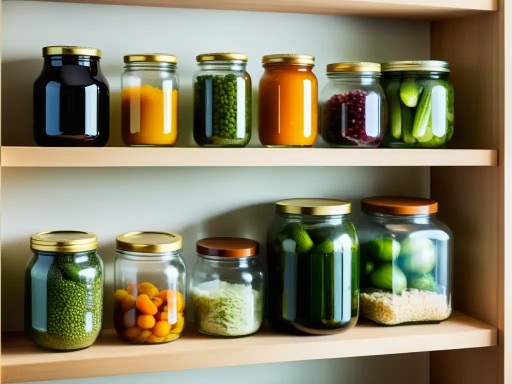 Vista detallada de frascos de fermentación con vegetales, mostrando colores y texturas naturales