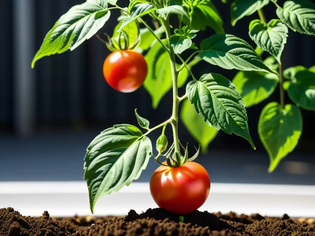 Vista detallada de un huerto urbano saludable con tomates maduros, hojas verdes vibrantes, y un paisaje urbano de fondo