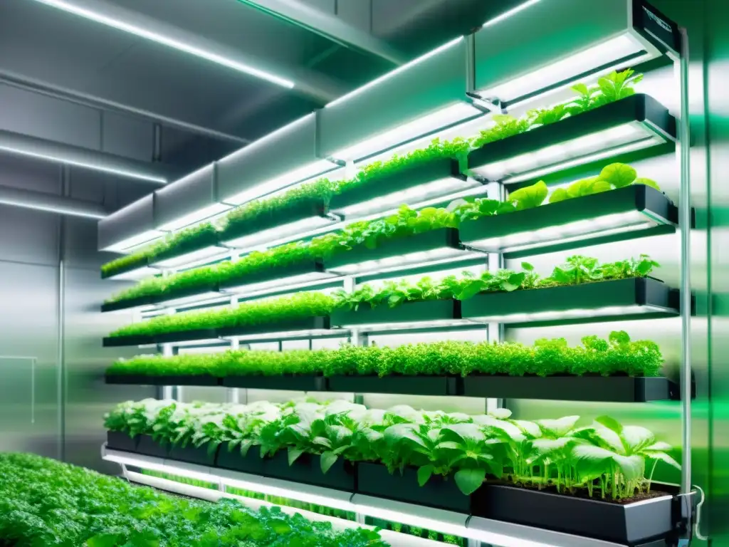 Vista detallada del huerto vertical de Infarm con plantas vibrantes bajo luces LED, destacando la agricultura de precisión en huertos verticales