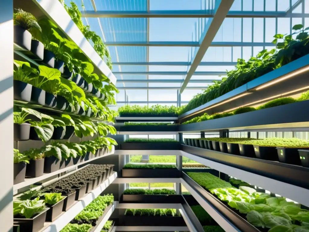 Vista detallada de un huerto vertical bañado en luz natural, con plantas vibrantes que alcanzan el techo