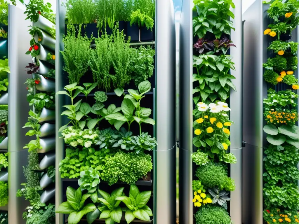 Vista detallada de huertos verticales urbanos con avanzadas técnicas de jardinería en la azotea de la ciudad