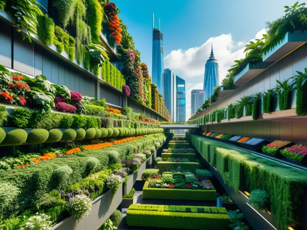 Vista detallada de huertos verticales en una ciudad futurista, integrando naturaleza en la normativa de la urbe moderna