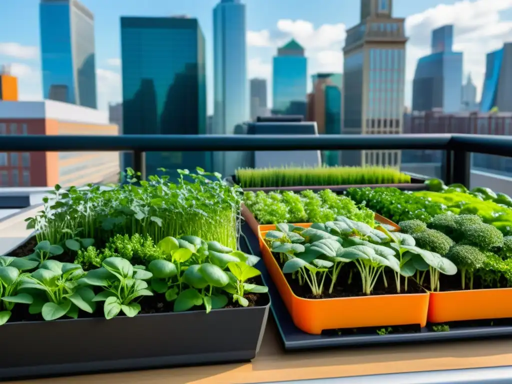 Vista detallada de microvegetales en agricultura urbana en un jardín en la azotea, frente a un moderno horizonte urbano