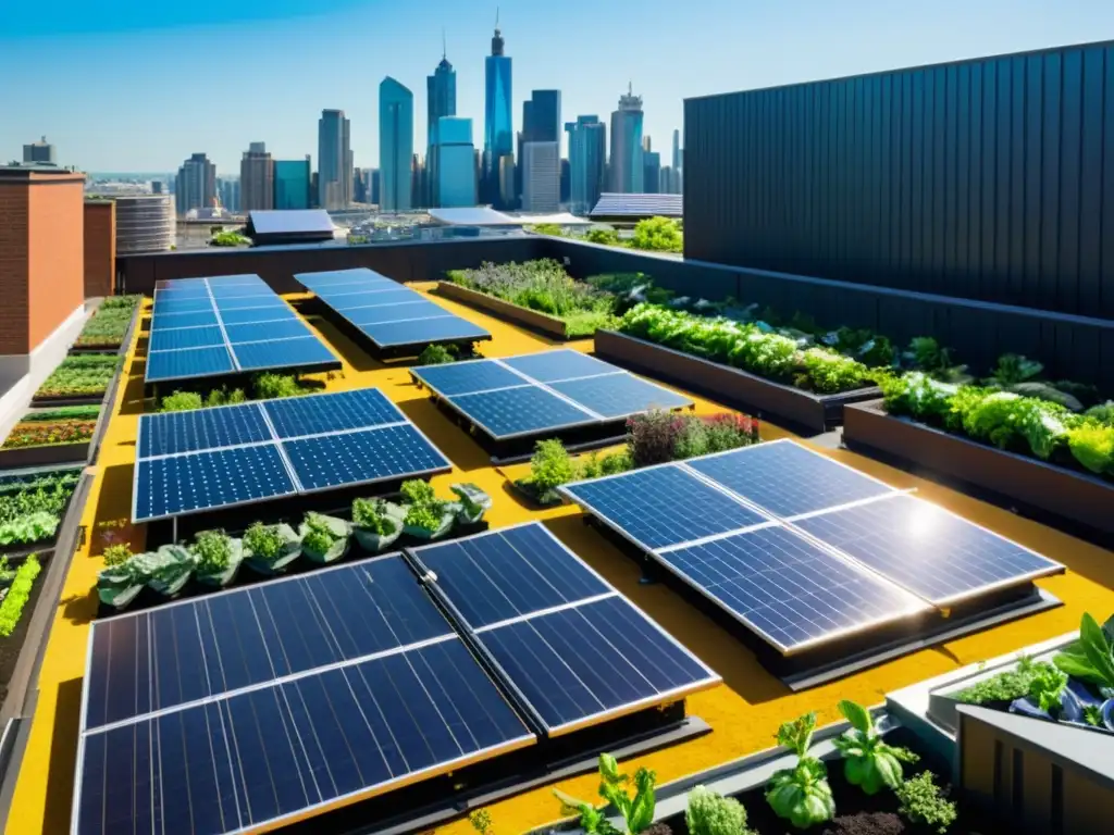 Vista detallada de un moderno tejado urbano con paneles solares y huertos verdes, mostrando la armonía entre energía solar y espacios urbanos sostenibles