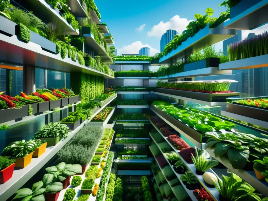 Vista 8k detallada de un paisaje urbano futurista con huertos verticales, sistemas acuapónicos y agricultura urbana sostenible