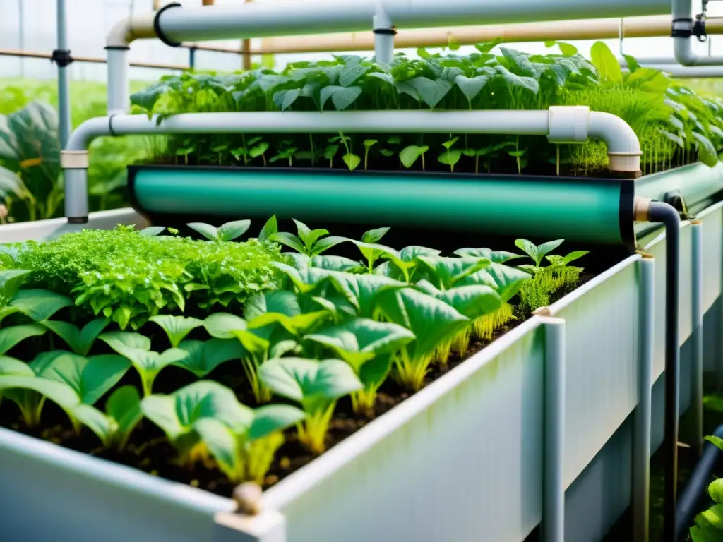 Vista detallada en 8k de un próspero huerto acuapónico, con plantas exuberantes creciendo en camas de agua y peces nadando en tanques claros